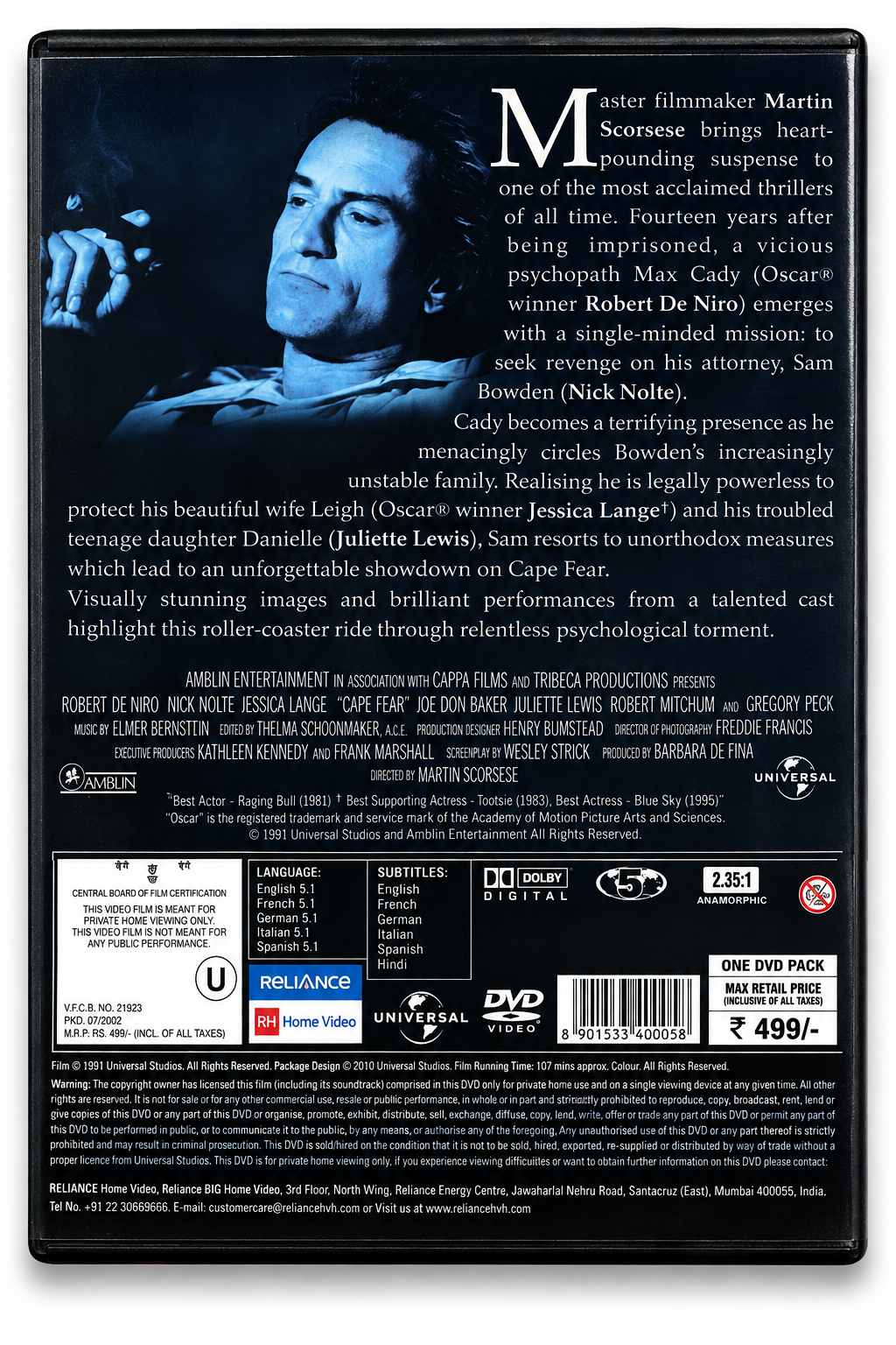 Cape Fear original movie DVD back cover